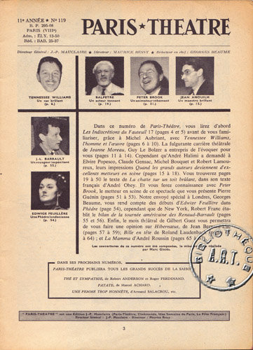 Tennessee Williams, Balpétré, Peter Brook, Jean Anouilh, Jean-Louis Barrault et Edwige Feuillère