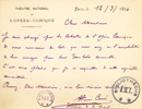 Albert Carré, Directeur de l'Opéra-Comique, lettre de remerciements, 1894.