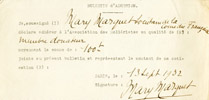 Marie Marquet, bulletin d'adhésion à l'Association des Molièristes,le 13 septembre 1932.